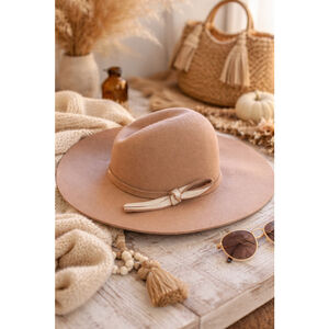 Adora Tan Wide Brim Felt Hat Boho Western Rancher Festival Neutral Wool Fedora
